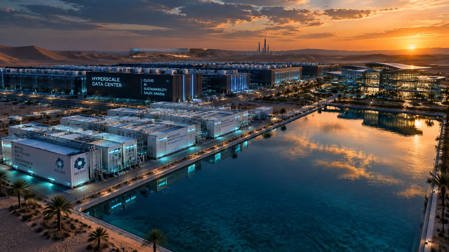 Containerized water treatment skids beside a hyperscale data center in an arid region at dusk